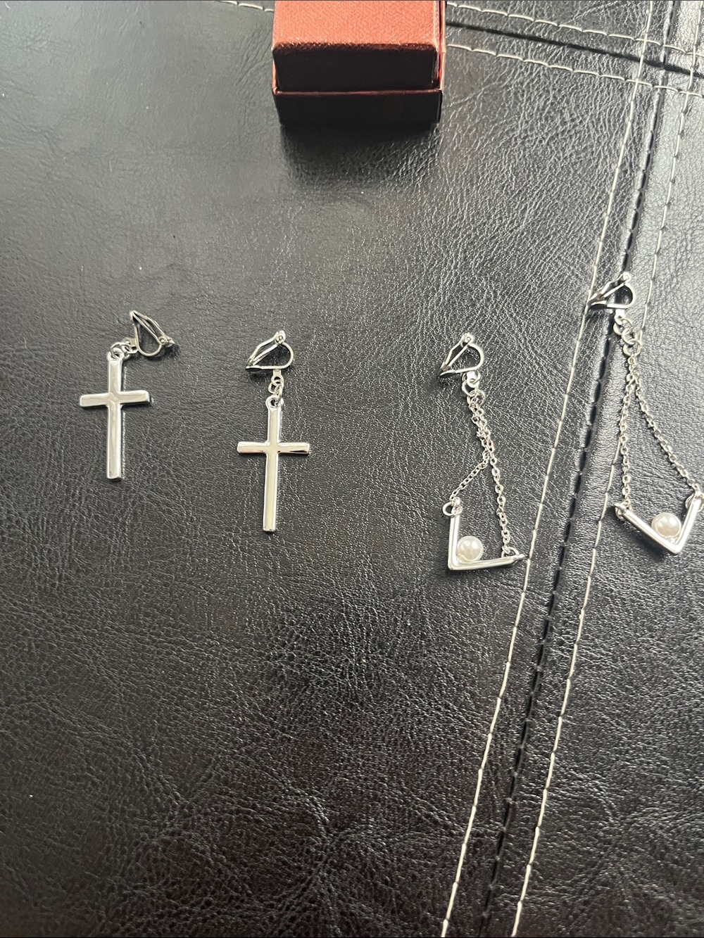 Source Unknown Silver Cross and V-Pearl Drop Earrings